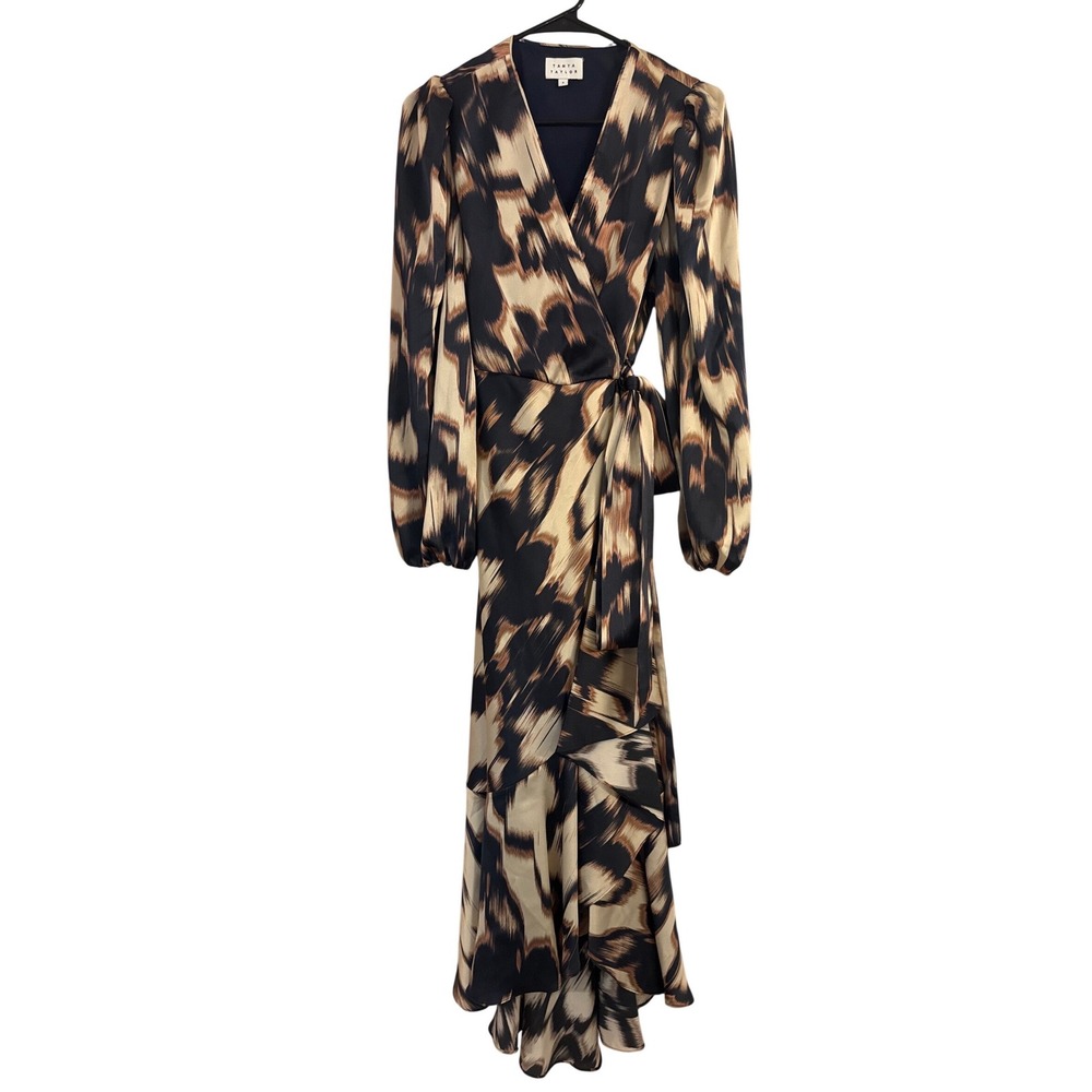 Tanya Taylor Abstract Print Wrap Midi Dress Long Puff Sleeve Ruffle Hem Size 6 - Picture 3 of 9